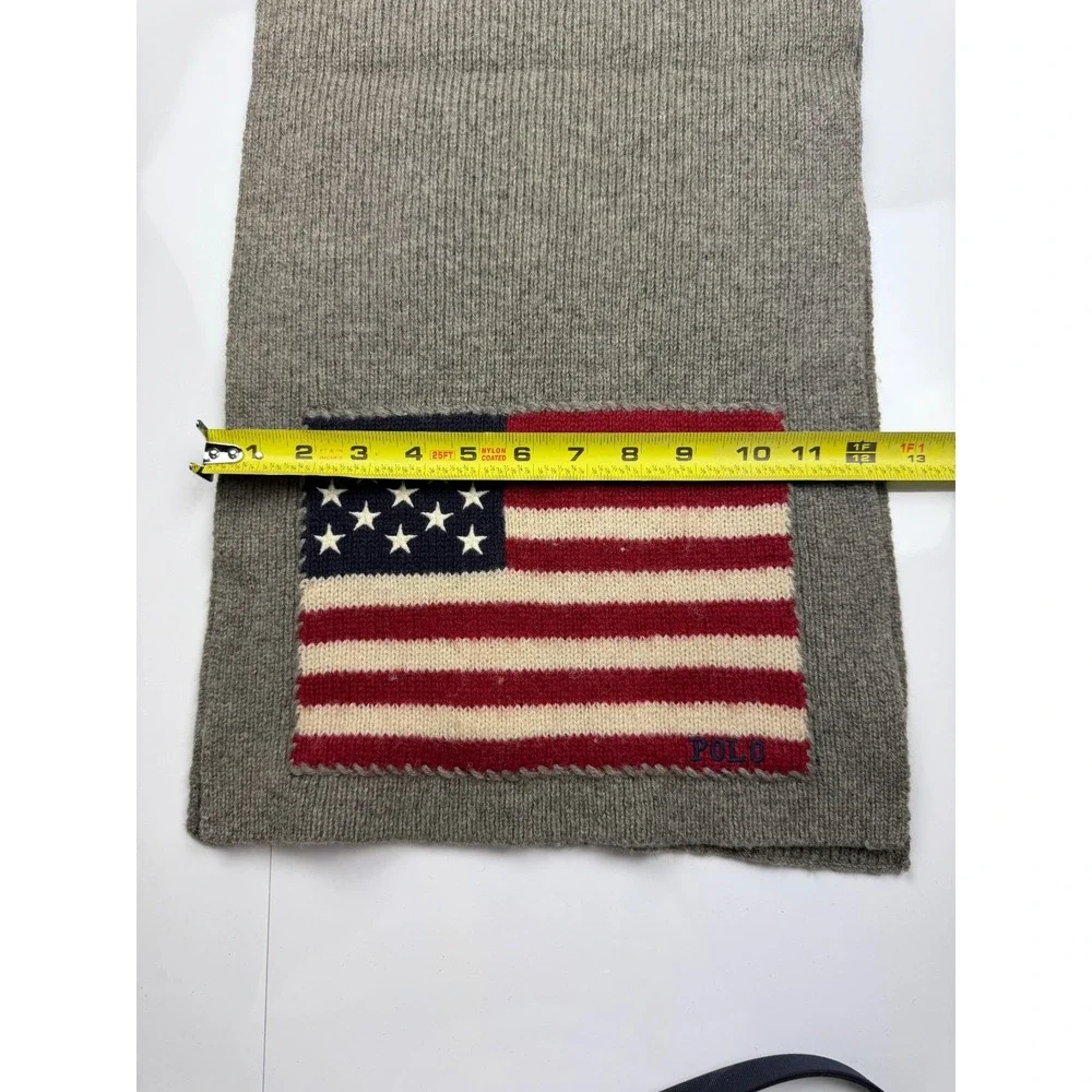 Vintage Polo Ralph Lauren USA Flag Knit Wool Scarf Gray Heather Mens Womens